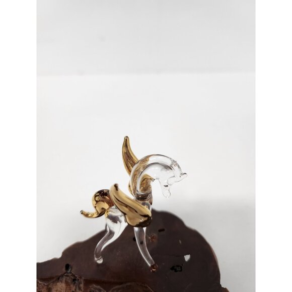 Vintage Crystal Glass Clear Gold Pegasusus Figurine Miniature Wood Pedestal - Picture 2 of 9